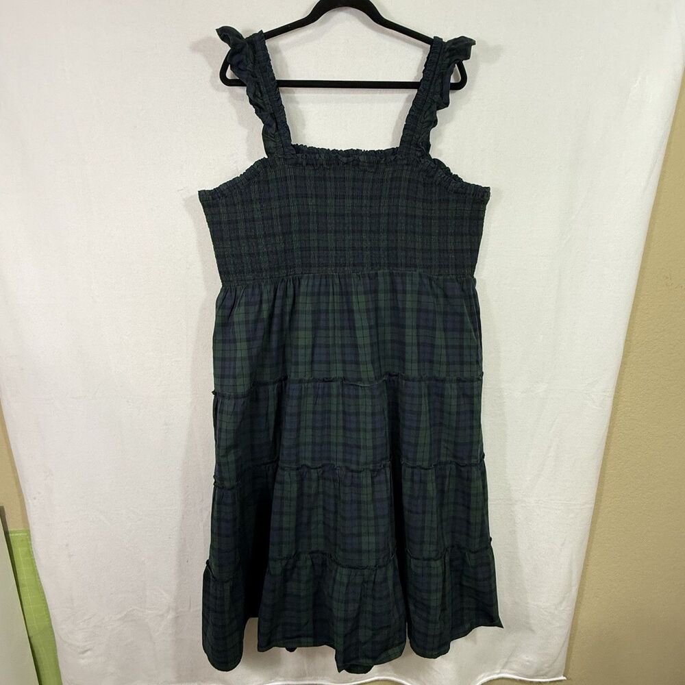 NEW Plus Size J.Crew Green Tartan Plaid Smocked Tiered Poplin Midi Dress Size 3X - Picture 2 of 11